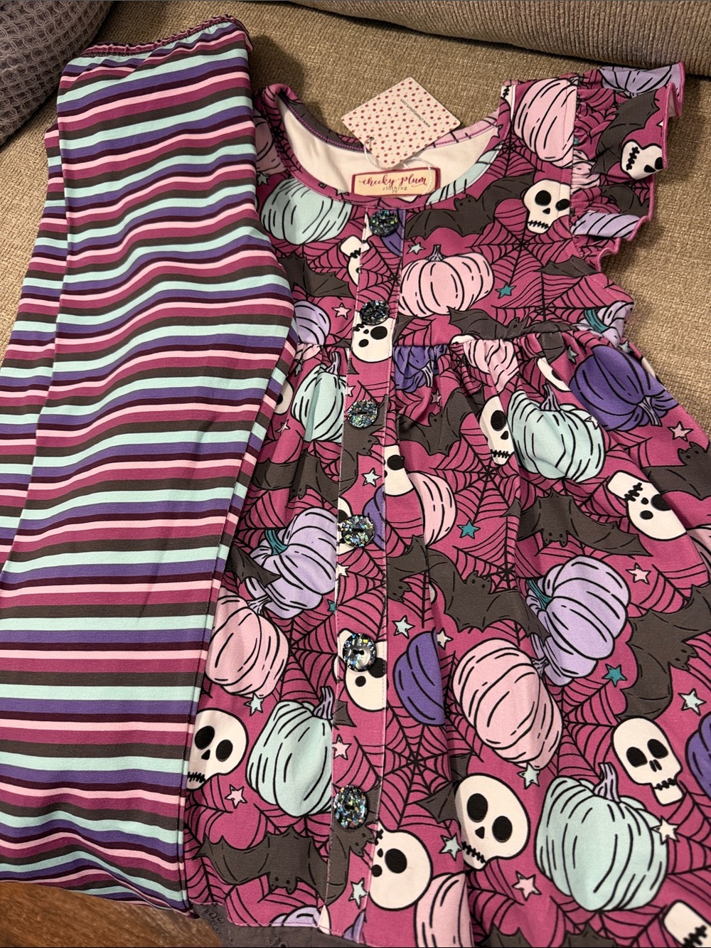Cheeky Plum Purple Pumpkin & Skull Girls Top with Stripe Leggings